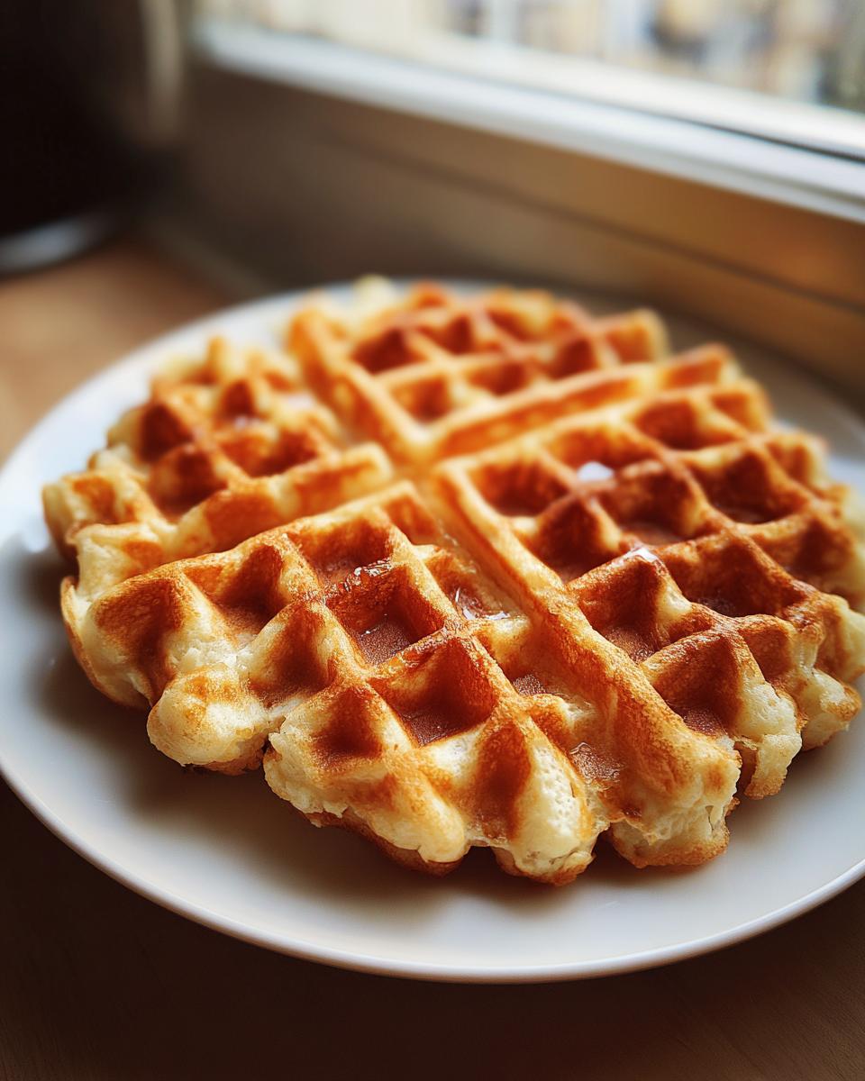 A perfectly cooked, golden brown high protein waffle served on a white plate near a window.