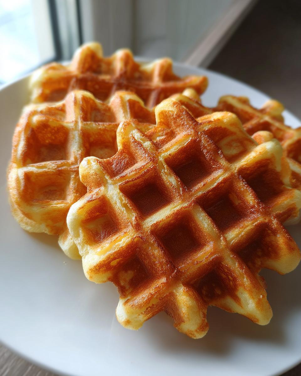 Close-up of several golden brown, freshly made high protein waffles stacked slightly on a white plate.