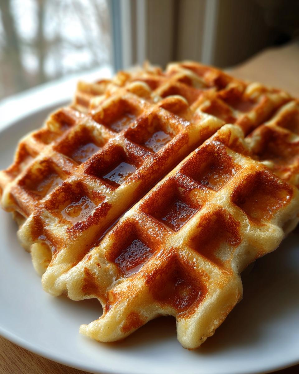 Close-up of golden brown high protein waffles drizzled with syrup, sitting on a white plate near a window.