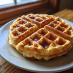 A perfectly golden, round high protein waffle drizzled with syrup, sitting on a white plate.