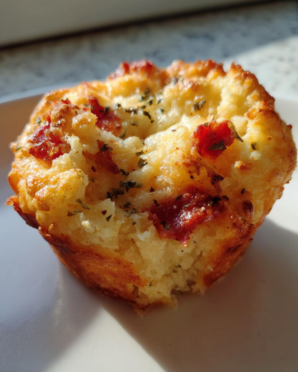 A close-up shot of a freshly baked pizza muffin, showing its fluffy interior, melted cheese, and bits of pepperoni.