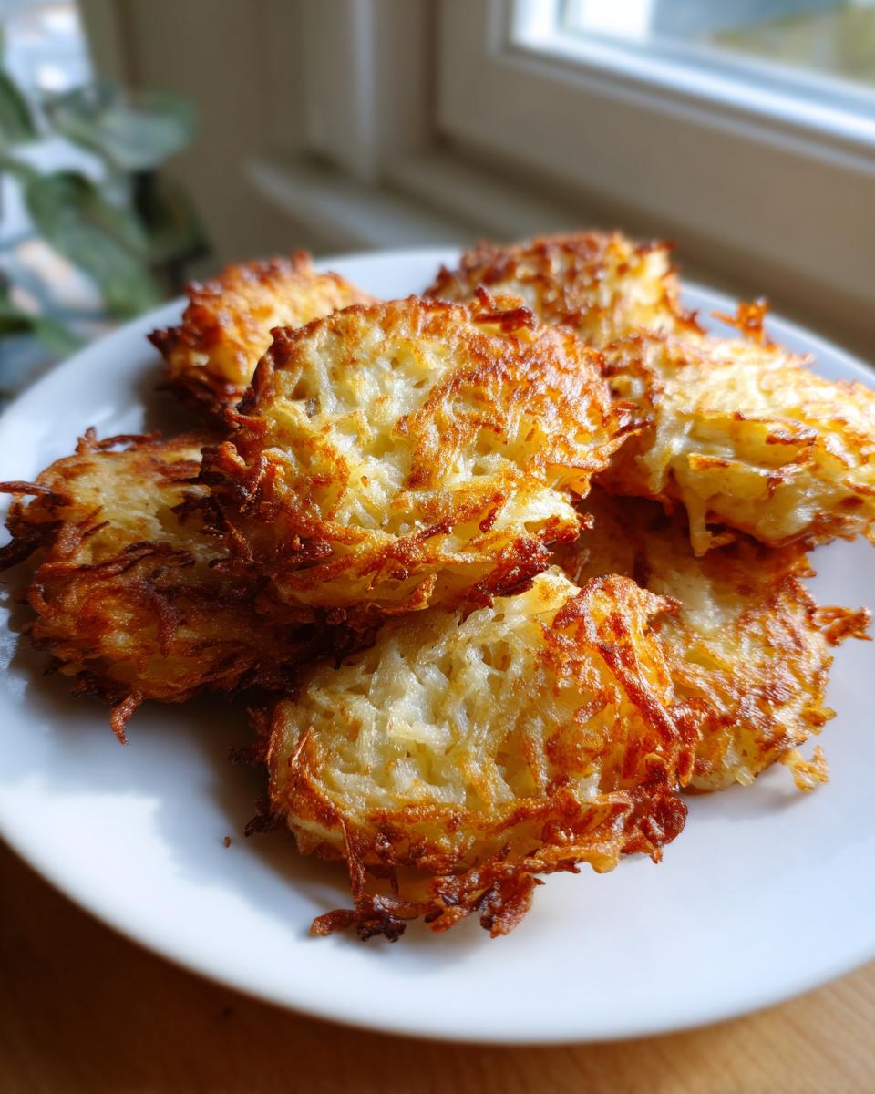 A close-up of several crispy, golden brown potato latkes piled on a white plate.