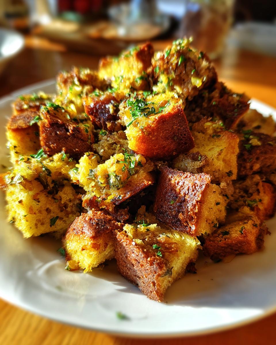 Close-up of golden brown, herbed bread cubes from a delicious sausage stuffing recipe, served on a white plate.