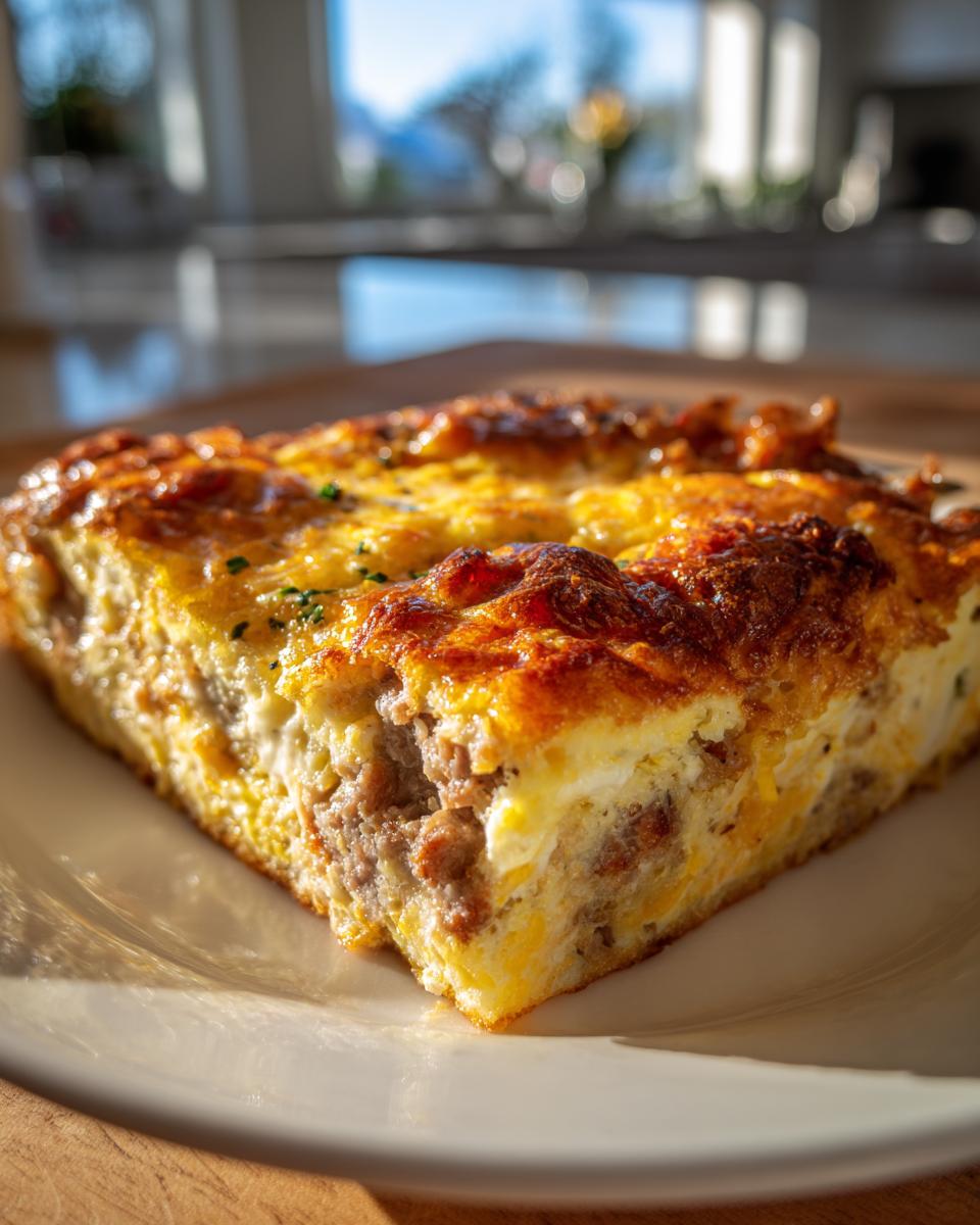 A close-up shot of a square slice of savory christmas breakfast casserole with browned cheese topping.