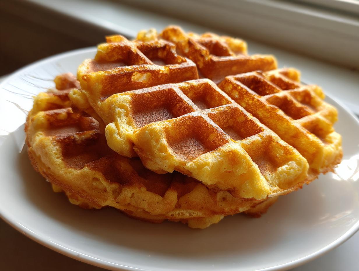 Close-up of a stack of golden brown, freshly made high protein waffles resting on a white plate near a window.