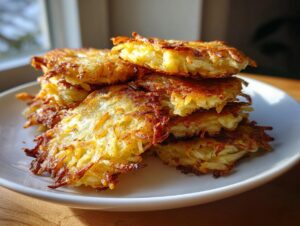 A stack of freshly fried, golden brown potato latkes piled high on a white plate.