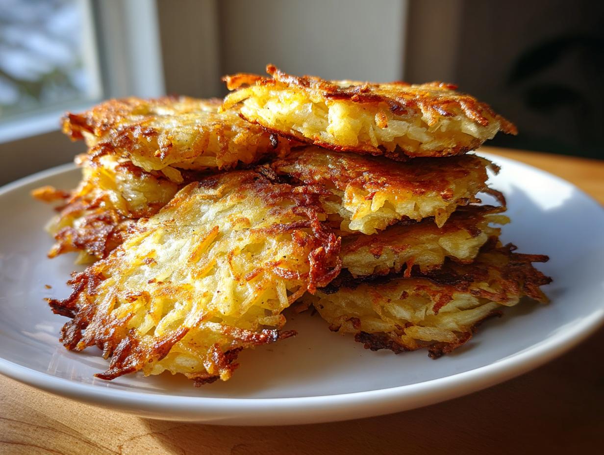 A stack of freshly fried, golden brown potato latkes piled high on a white plate.
