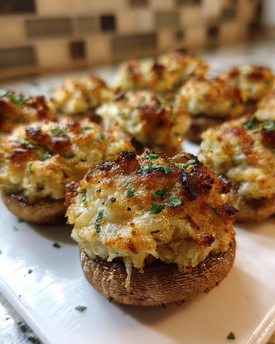 Close-up of perfectly baked stuffed mushrooms with a golden, cheesy topping and fresh parsley garnish.