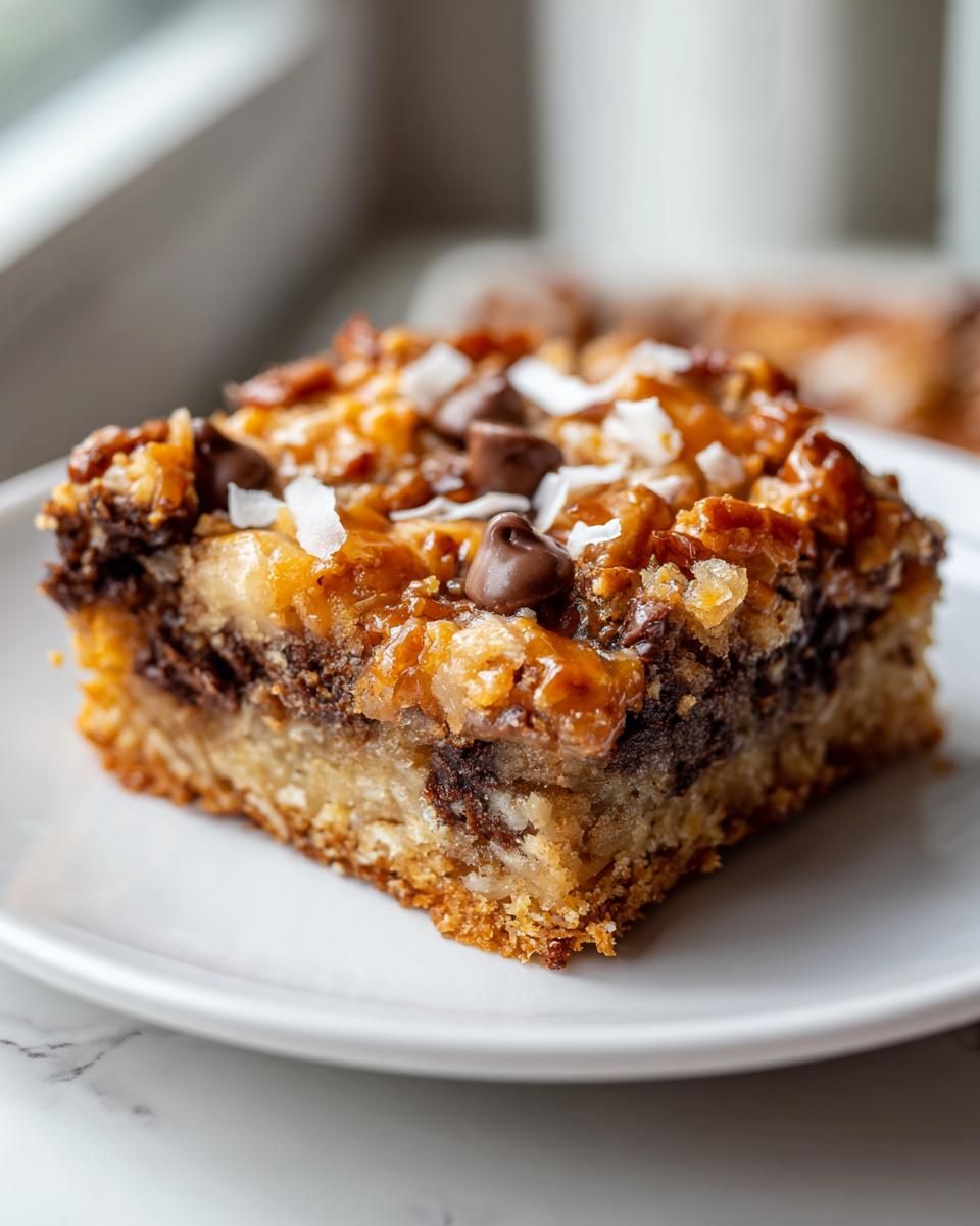 Close-up of a decadent square of magic cookie bars showing gooey layers, chocolate chips, and coconut flakes.