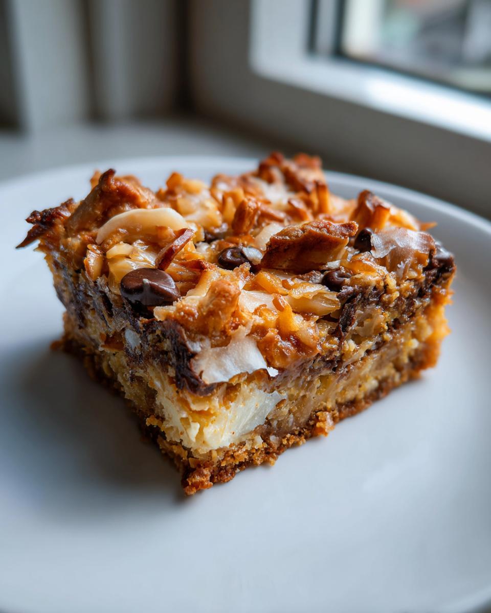 A close-up of a single, thick slice of gooey magic cookie bars showing layered ingredients like coconut and chocolate chips.