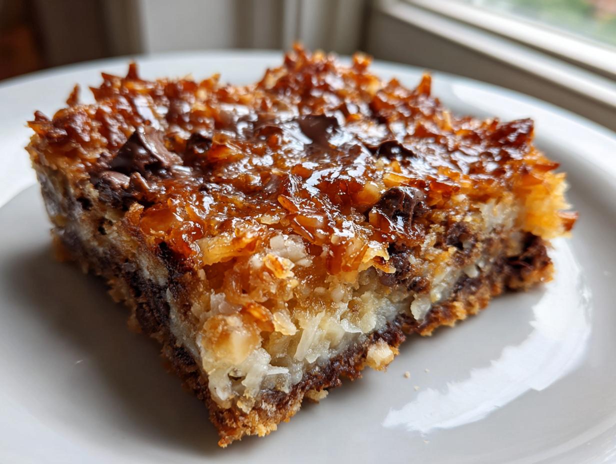 Close-up of a single serving of magic cookie bars showing gooey, toasted coconut, chocolate chips, and a thick crust.