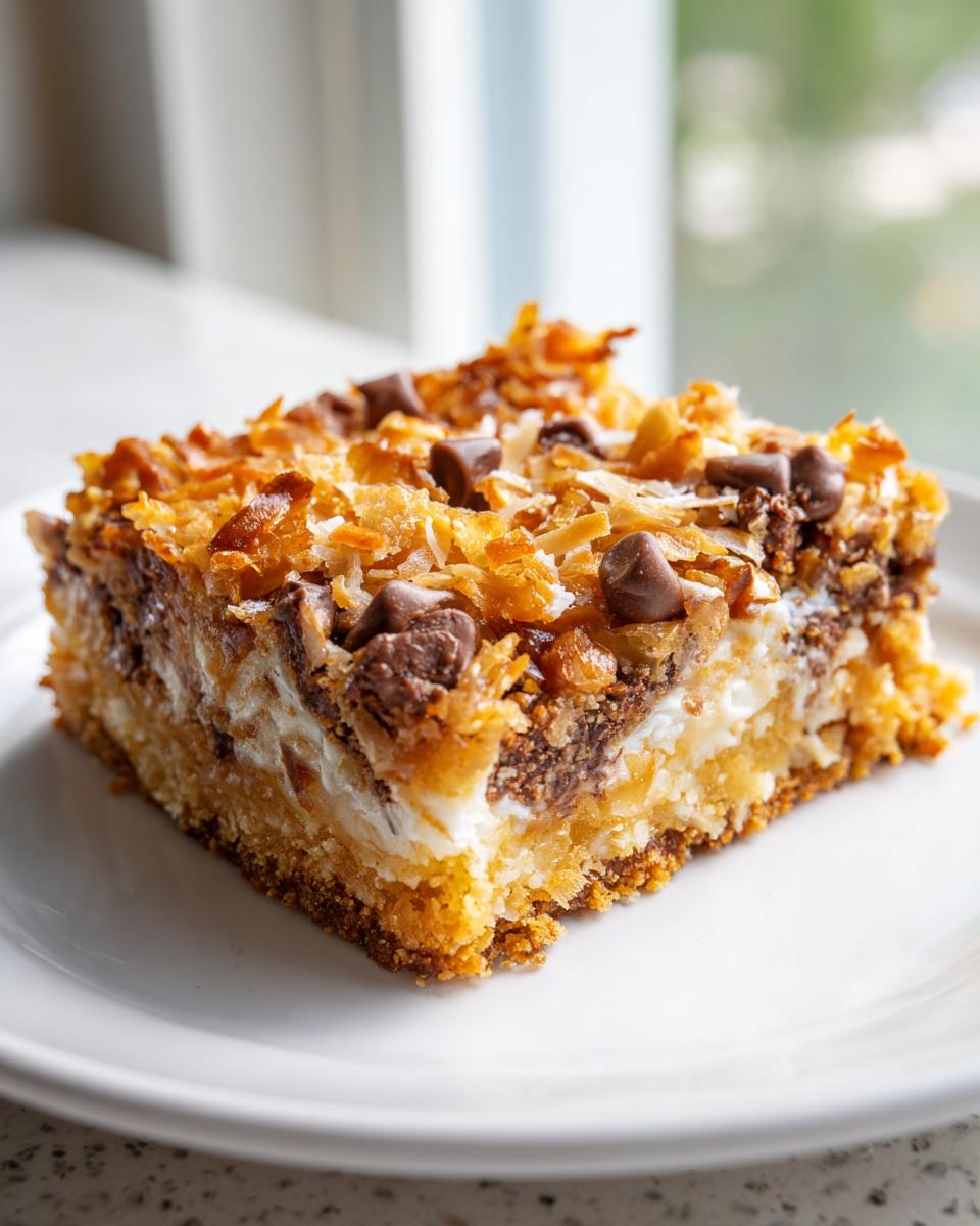 A thick, gooey slice of magic cookie bars showing layers of crust, filling, and toasted coconut topping with chocolate chips.