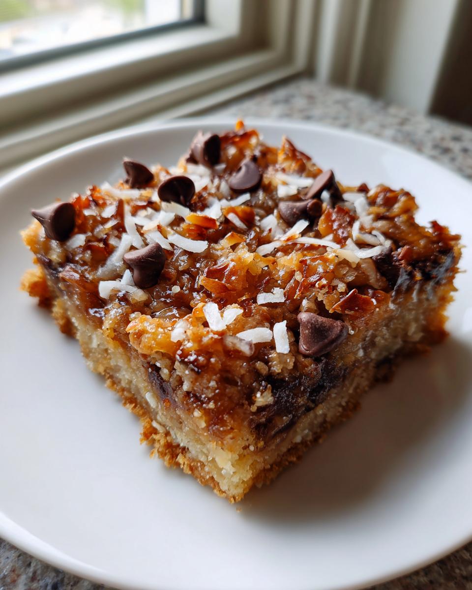 A square slice of gooey magic cookie bars topped with toasted coconut, chocolate chips, and nuts.