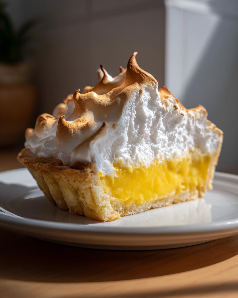 Close-up of a slice of lemon meringue pie showing bright yellow filling and toasted meringue peaks.
