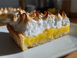 Close-up of a perfect slice of lemon meringue pie showing bright yellow curd and tall, torched meringue peaks.