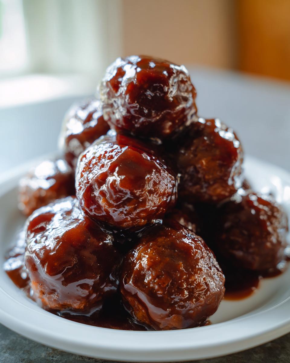 A close-up of a pile of glistening Grape Jelly Meatballs coated in a thick, dark, sweet glaze on a white plate.