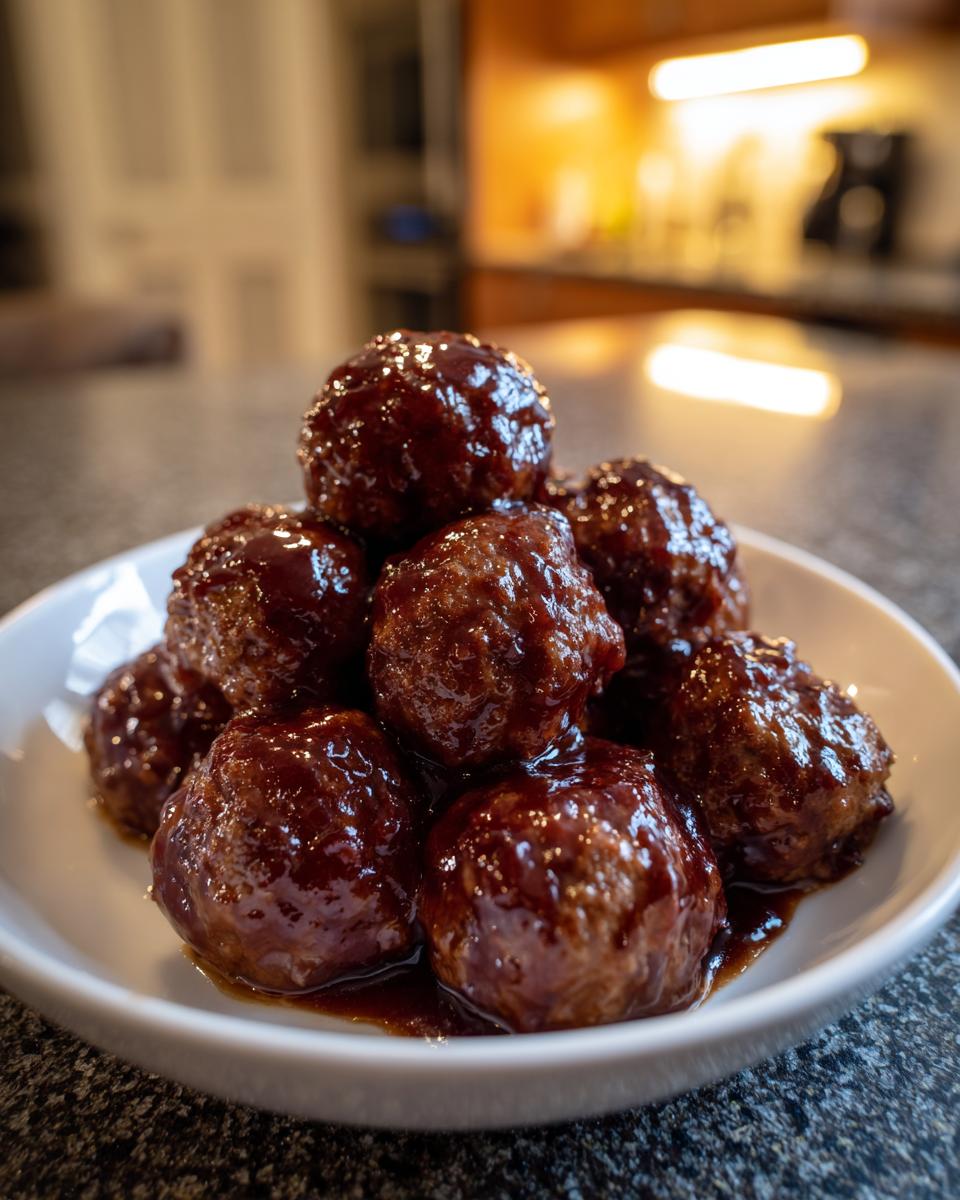 A close-up of several glossy Grape Jelly Meatballs piled high on a white plate, coated in a rich, dark sauce.