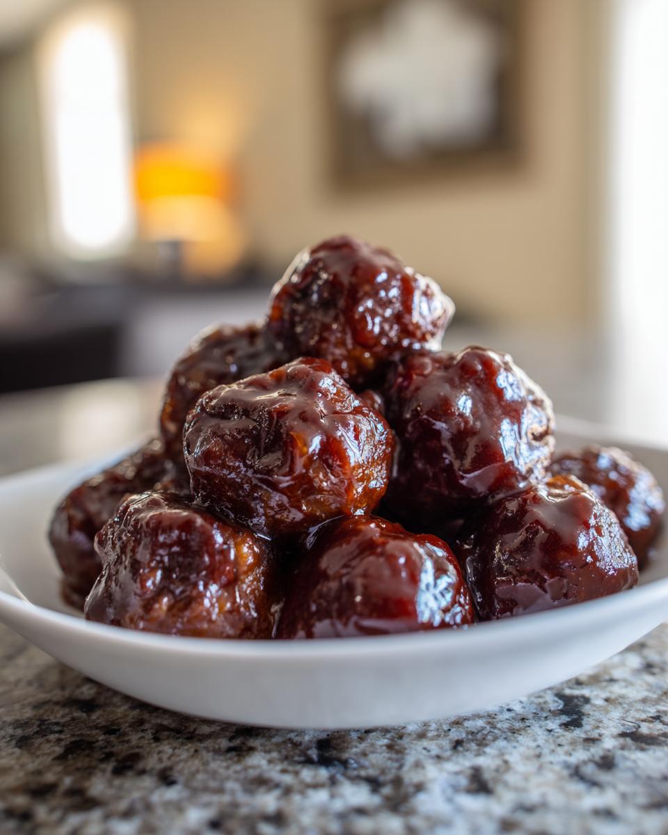A white bowl filled with glossy, saucy grape jelly meatballs piled high on a granite countertop.