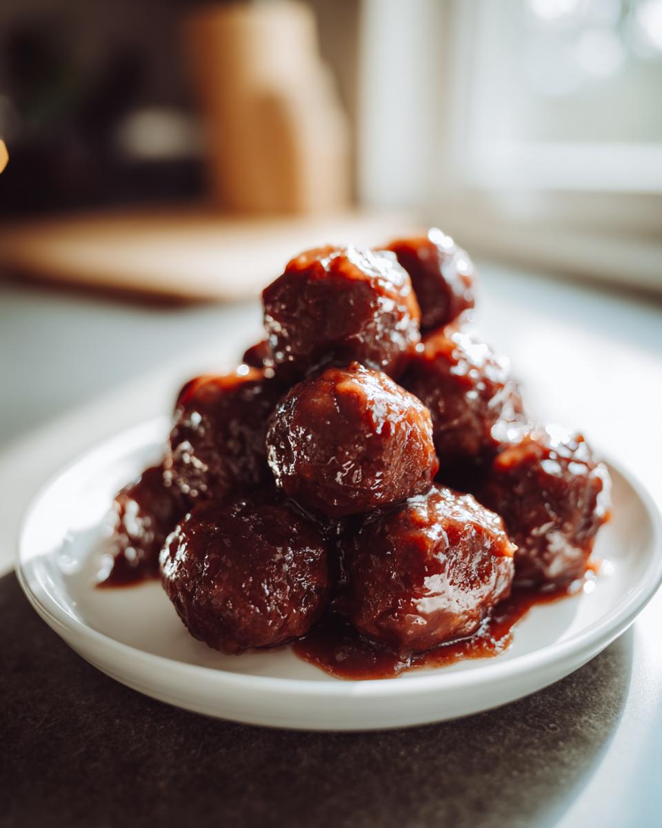 A close-up stack of glistening Grape Jelly Meatballs covered in a rich, dark sauce on a small white plate.