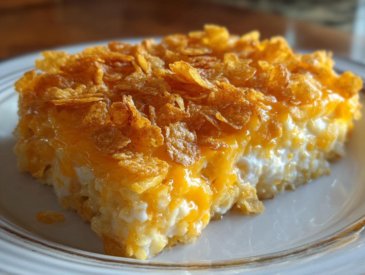 A close-up of a creamy hashbrown casserole slice topped with melted cheddar cheese and crunchy, toasted corn flakes.