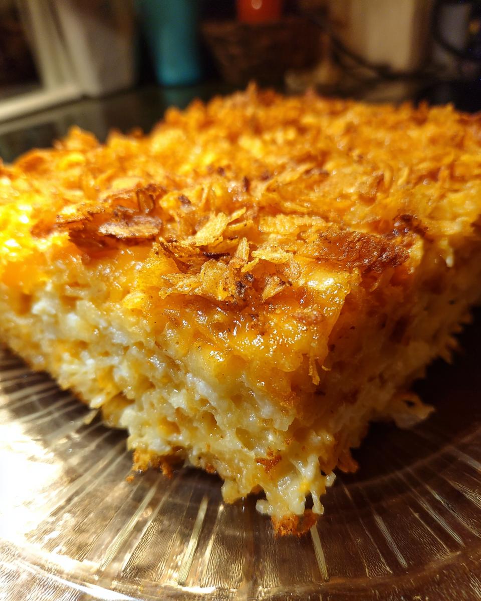 Close-up of a square serving of creamy hashbrown casserole with a golden, crispy onion topping.