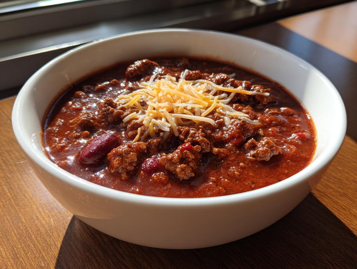 A close-up of a white bowl filled with rich, thick crockpot chili topped with shredded cheddar and Monterey Jack cheese.