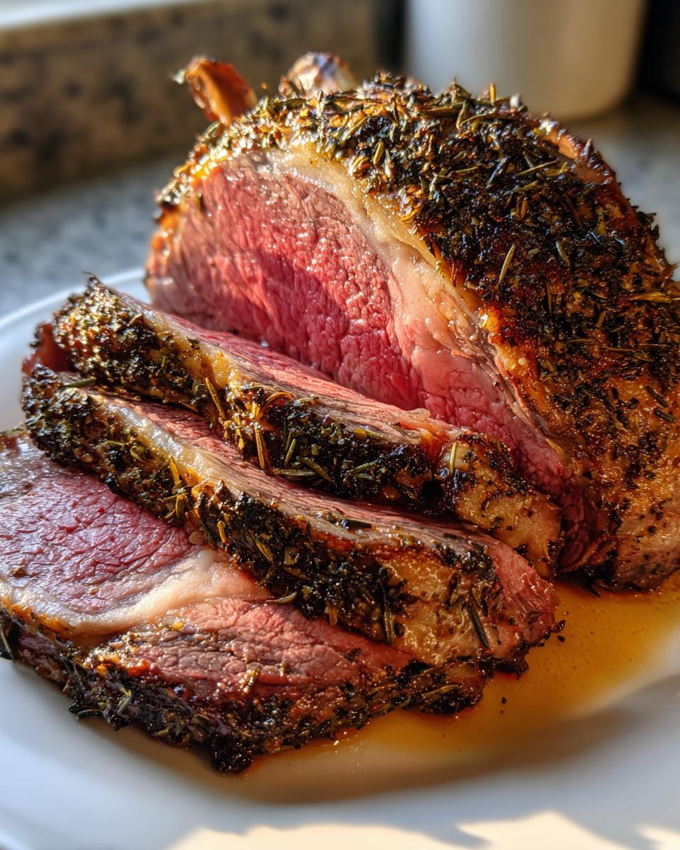 Close-up of a juicy, medium-rare rib roast sliced, showing a dark herb crust and resting in its juices.
