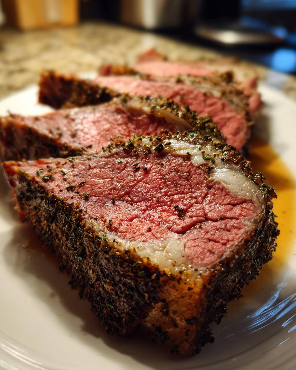Close-up of thick slices of medium-rare rib roast with a dark herb crust resting in pan juices.