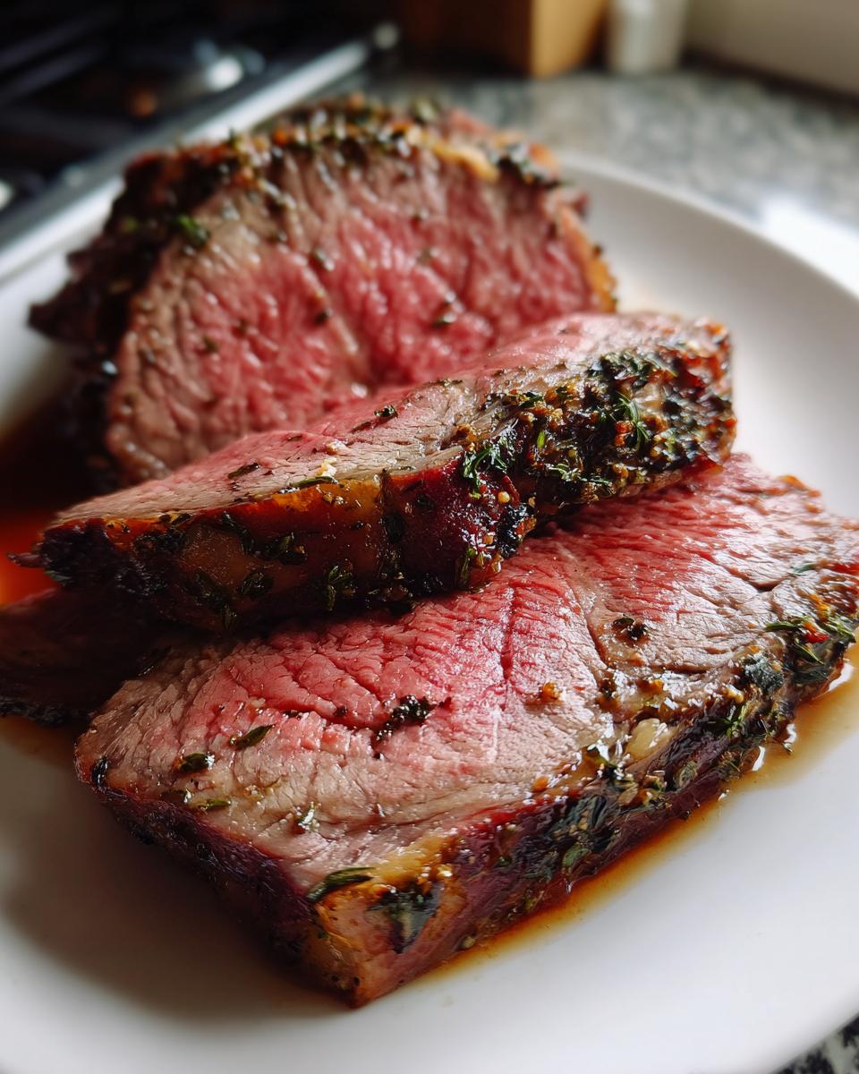 Close-up of perfectly medium-rare slices of herb-crusted rib roast resting in their juices on a white plate.
