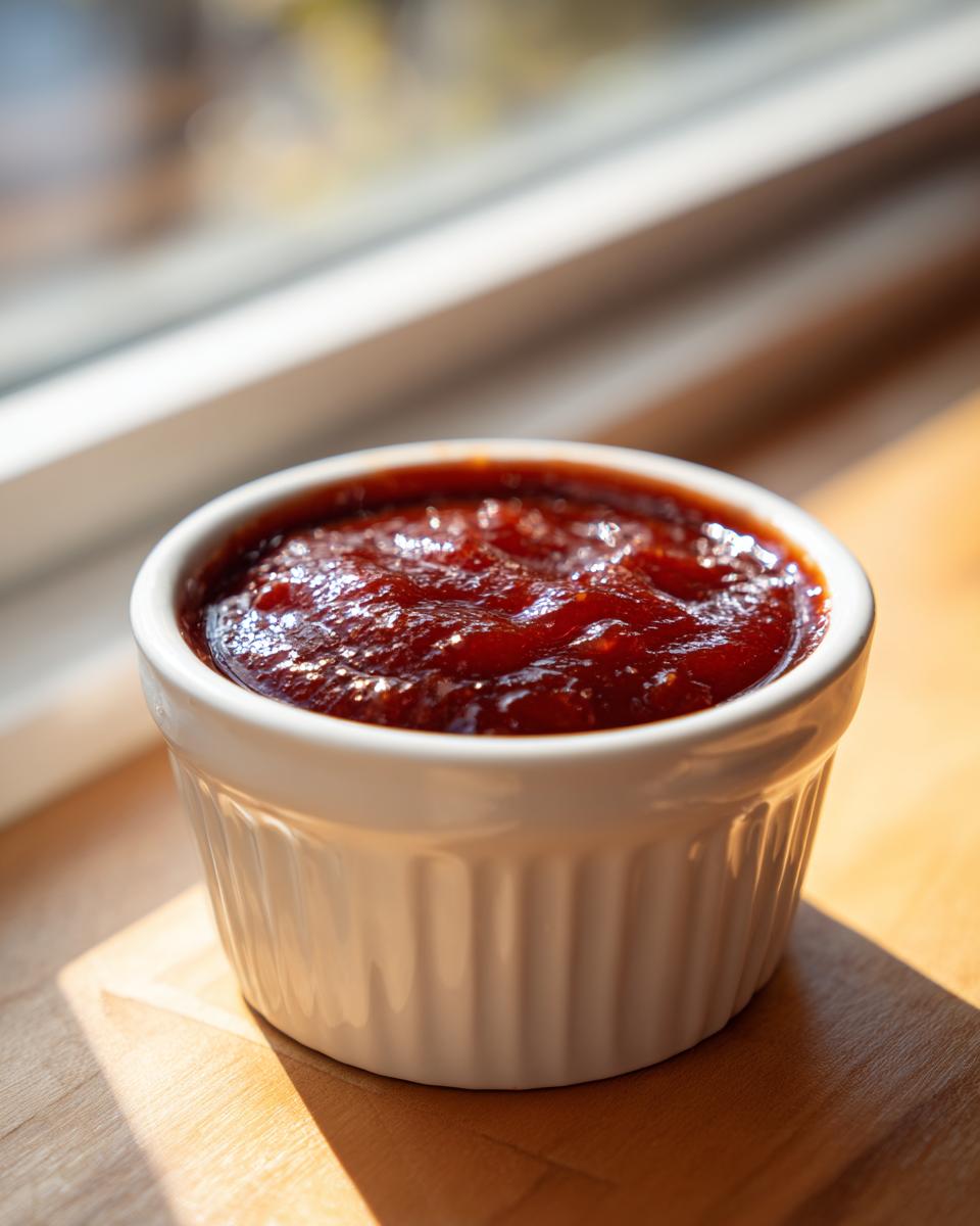 Close-up of thick, rich homemade bbq sauce served in a small white fluted ramekin dish.