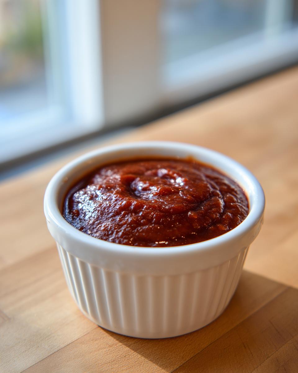 A small white ramekin filled with thick, rich, homemade bbq sauce sitting on a wooden surface.