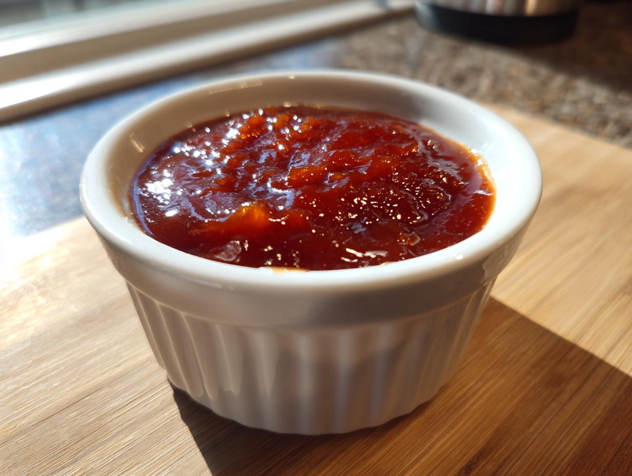 Close-up of thick, rich, homemade bbq sauce served in a small white fluted ramekin on a wooden surface.