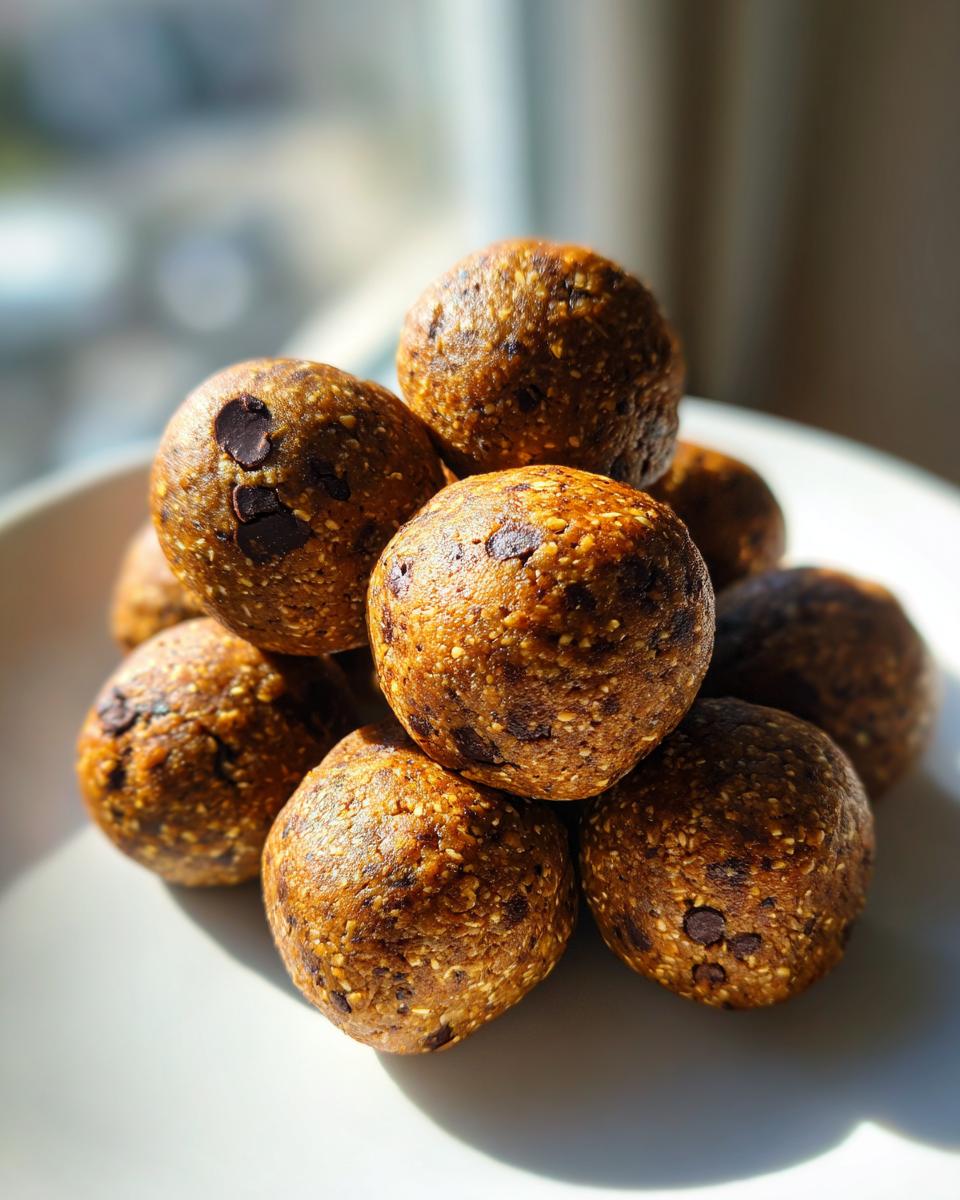A close-up stack of homemade chocolate chip protein balls sitting on a white plate in bright sunlight.