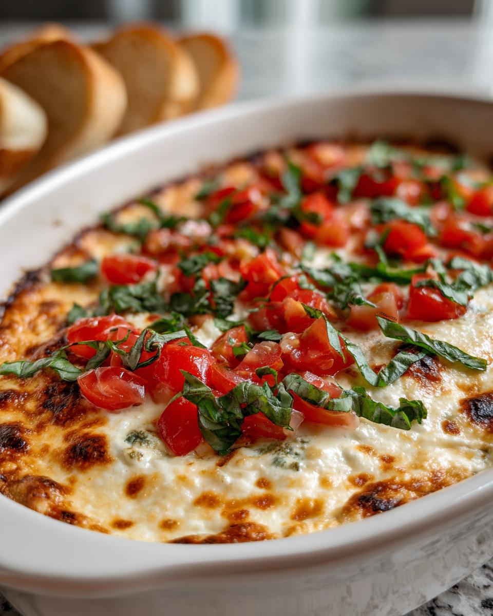 A close-up of a hot, baked bruschetta dip topped with diced tomatoes and fresh basil, served with bread slices in the background.