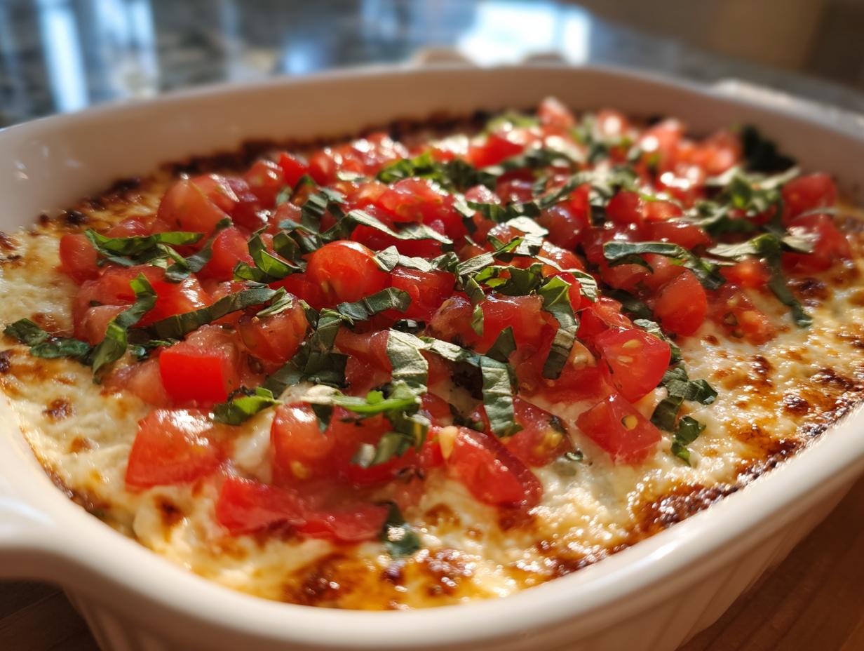 Close-up of a hot, baked bruschetta dip topped with diced tomatoes and fresh basil in a white dish.
