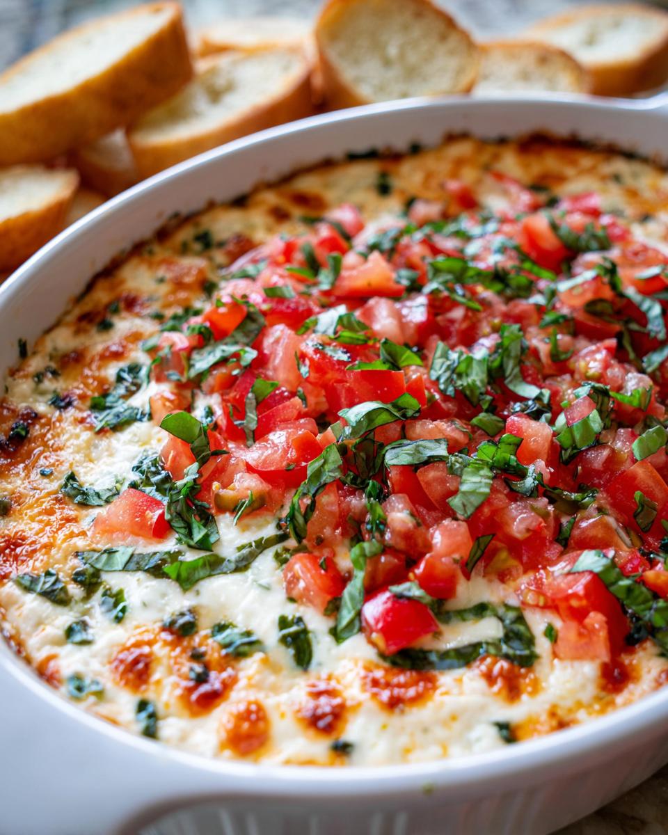 Close-up of a hot, cheesy bruschetta dip topped with fresh diced tomatoes and basil, served with crostini.