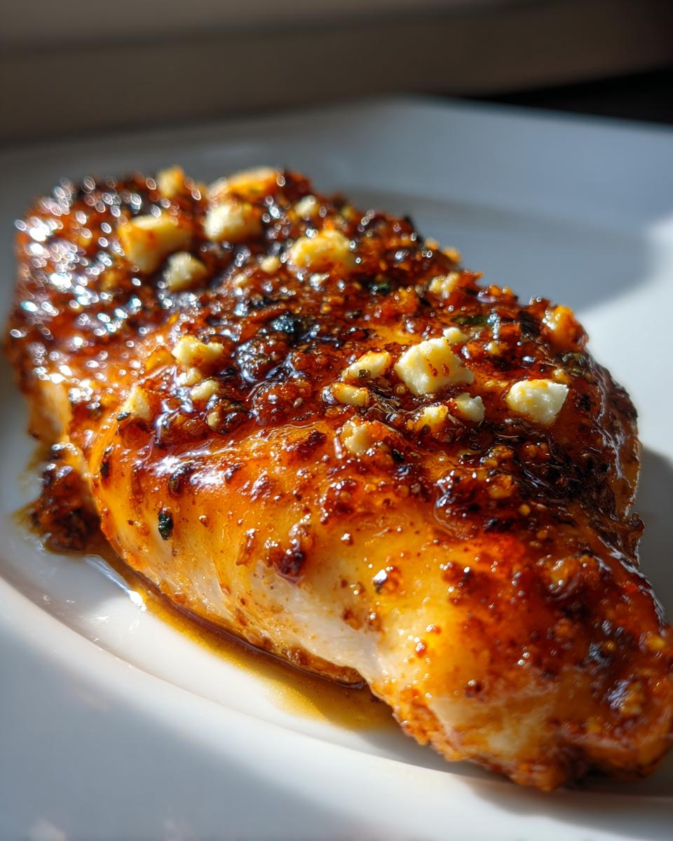 Close-up of a juicy chicken breast topped with a thick, glossy hot honey glaze and crumbled feta cheese.