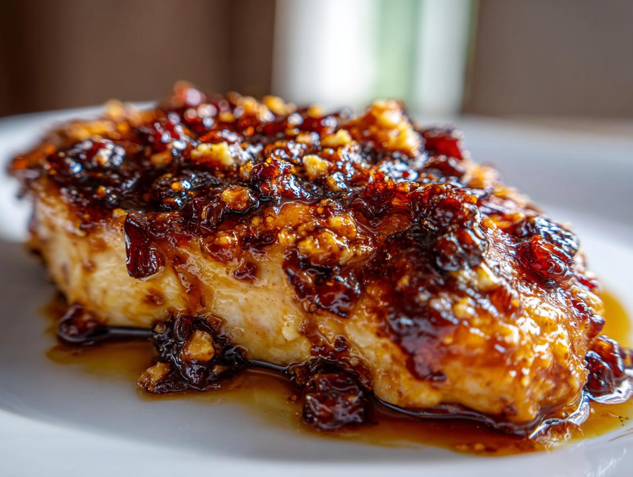 A close-up of a juicy piece of hot honey feta chicken topped with a thick, caramelized, spicy-sweet glaze.