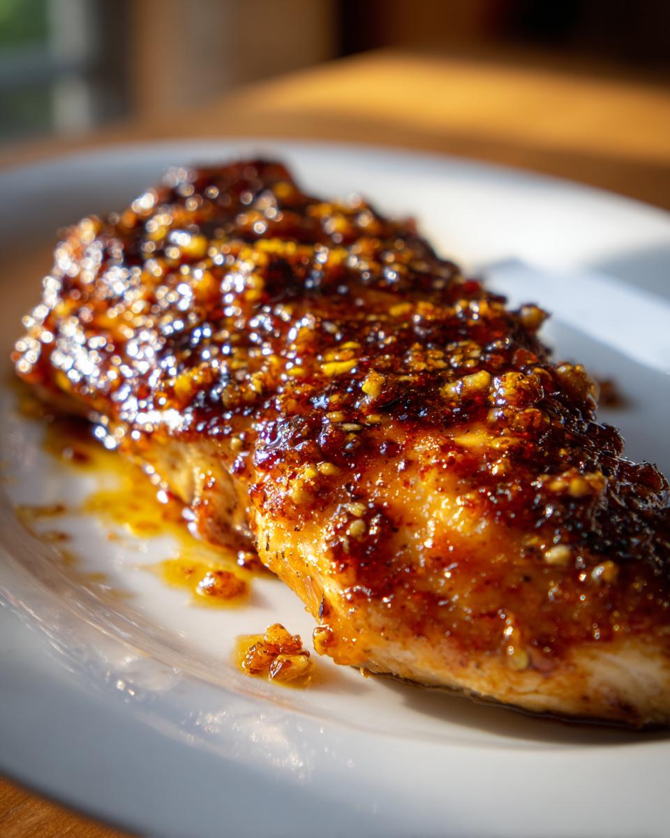 Close-up of a juicy chicken breast coated in a thick, glossy hot honey glaze, part of the hot honey feta chicken recipe.