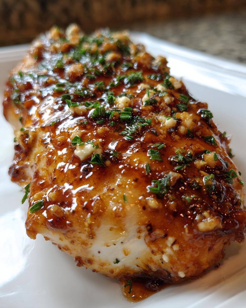 Close-up of a juicy chicken breast glazed with a rich, dark hot honey sauce, topped with crumbled feta and fresh herbs.