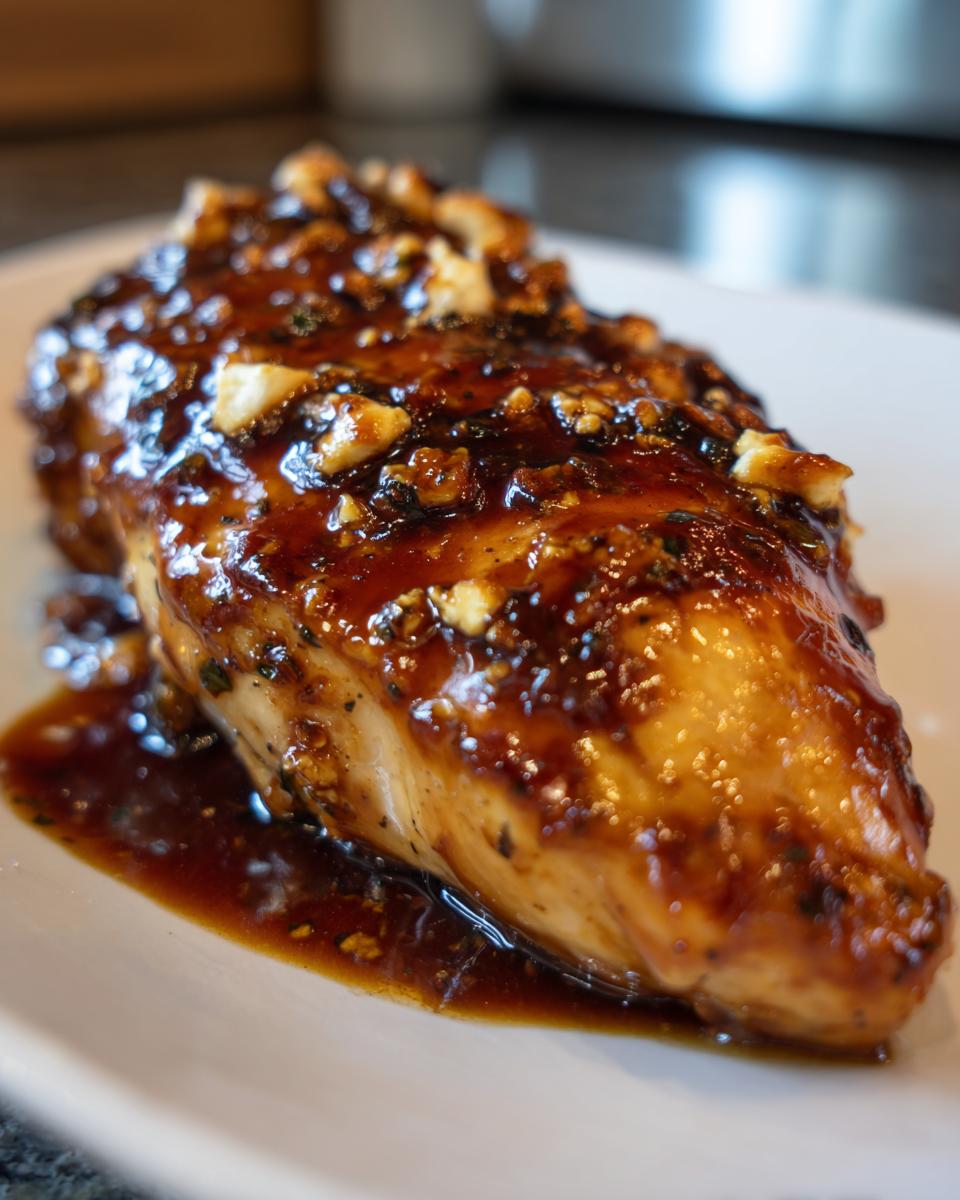 A juicy chicken breast coated in a dark, glossy hot honey sauce and topped with crumbles of feta cheese.