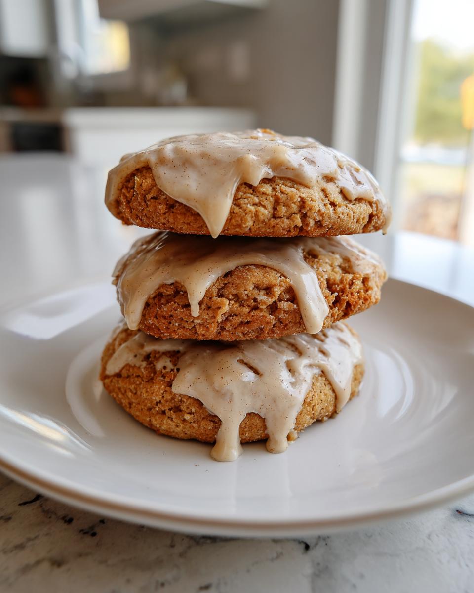 Three delicious applesauce cookies stacked and topped with a thick, spiced glaze dripping down the sides.