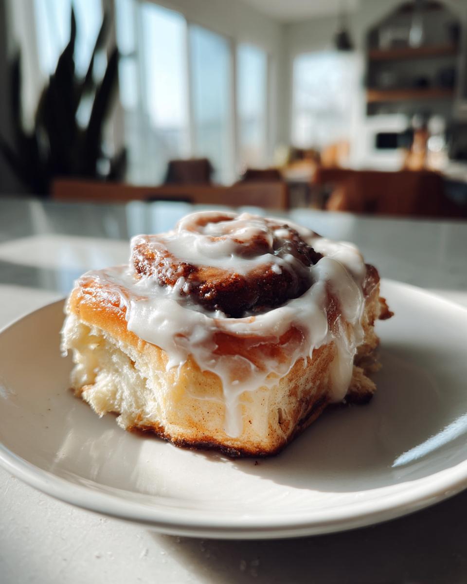 A close-up of a single, freshly baked cinnamon roll generously topped with white icing, sitting on a white plate.