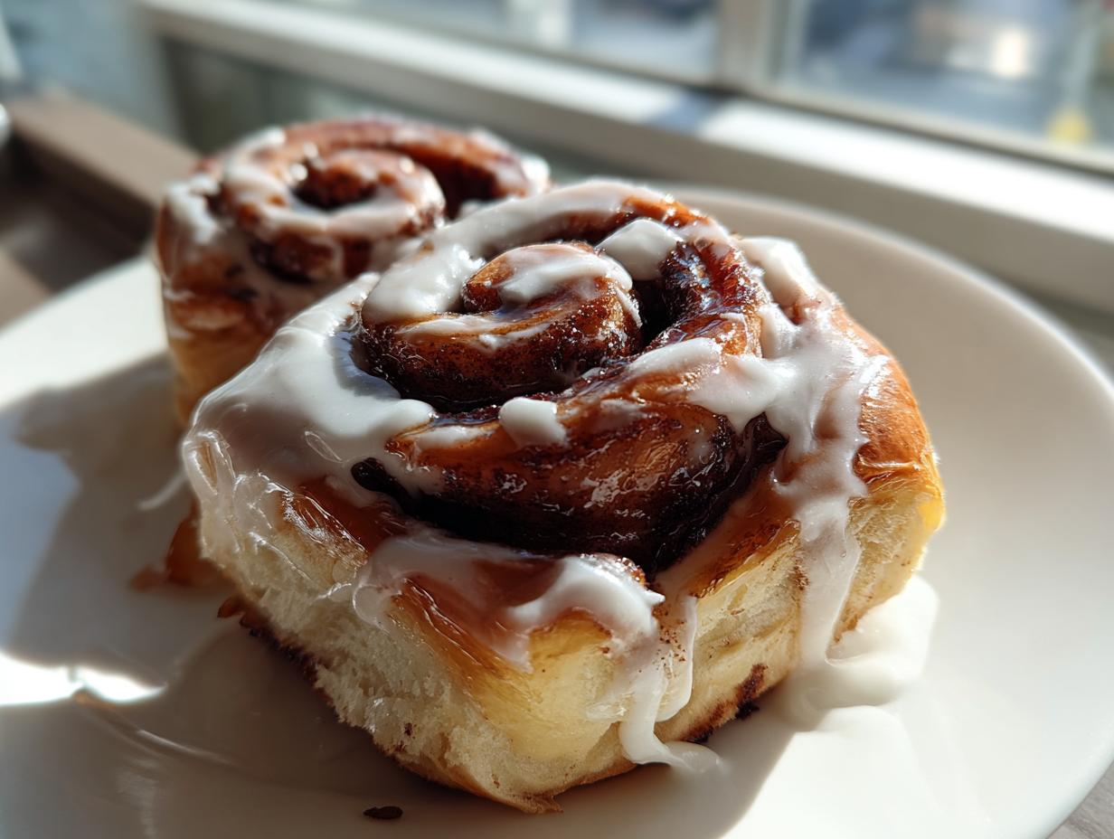Close-up of a freshly baked cinnamon roll covered in thick white icing, sitting on a white plate near a window.