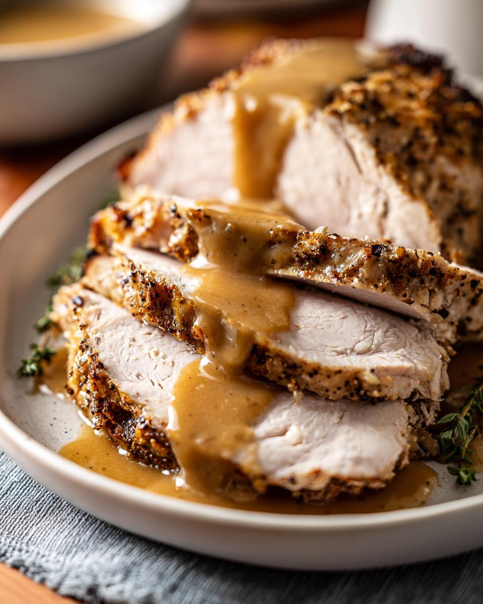 Close-up of sliced instant pot turkey breast, seasoned and covered in rich brown gravy.