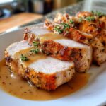 Close-up of sliced instant pot turkey breast, seasoned and drizzled with savory gravy and fresh thyme.