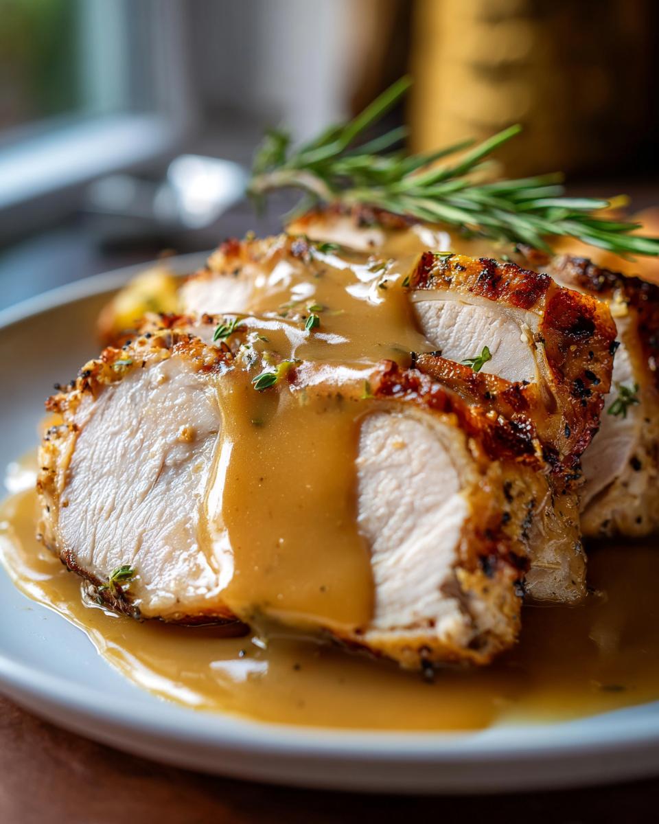 Close-up of sliced, juicy instant pot turkey breast covered in rich brown gravy and garnished with rosemary.