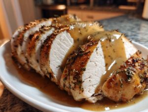 Slices of juicy instant pot turkey breast, seasoned and covered in savory brown gravy.