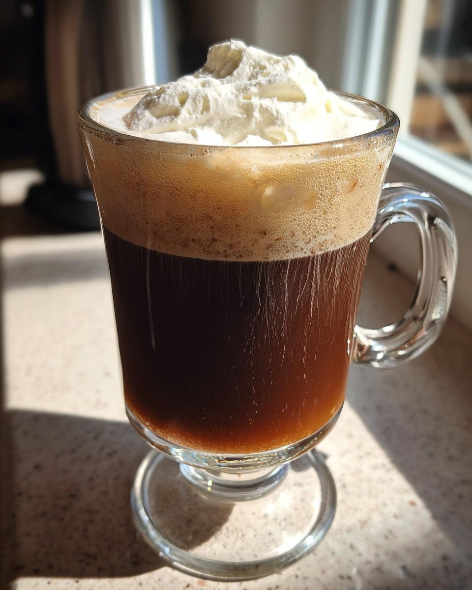A clear glass mug filled with dark Irish Coffee, topped with a layer of foam and a dollop of whipped cream.