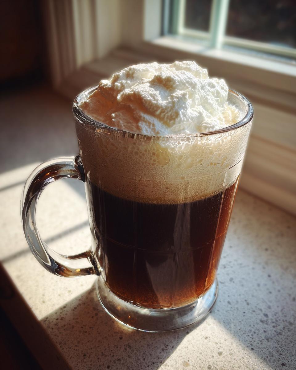 A clear glass mug filled with dark Irish Coffee, topped generously with whipped cream, sitting near a window.